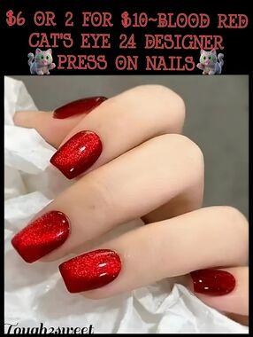 🆕$6 OR 2 FOR $10~BLOOD RED CAT'S EYE 24 DESIGNER PRESS ON NAILS